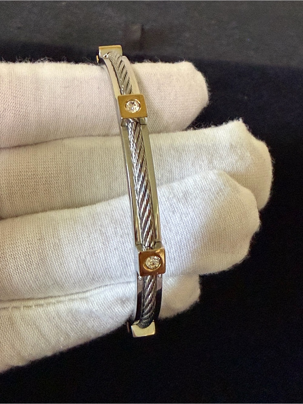 Chisel Stainless Steel Two-Tone Cable Bracelet with Crystal Accents